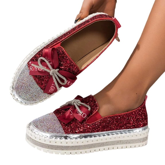 SACFOF Women's Platform Rhinestones Cute Bow Slip on Sneaker,Casual Fashion Platform Dress Shoe Loafers