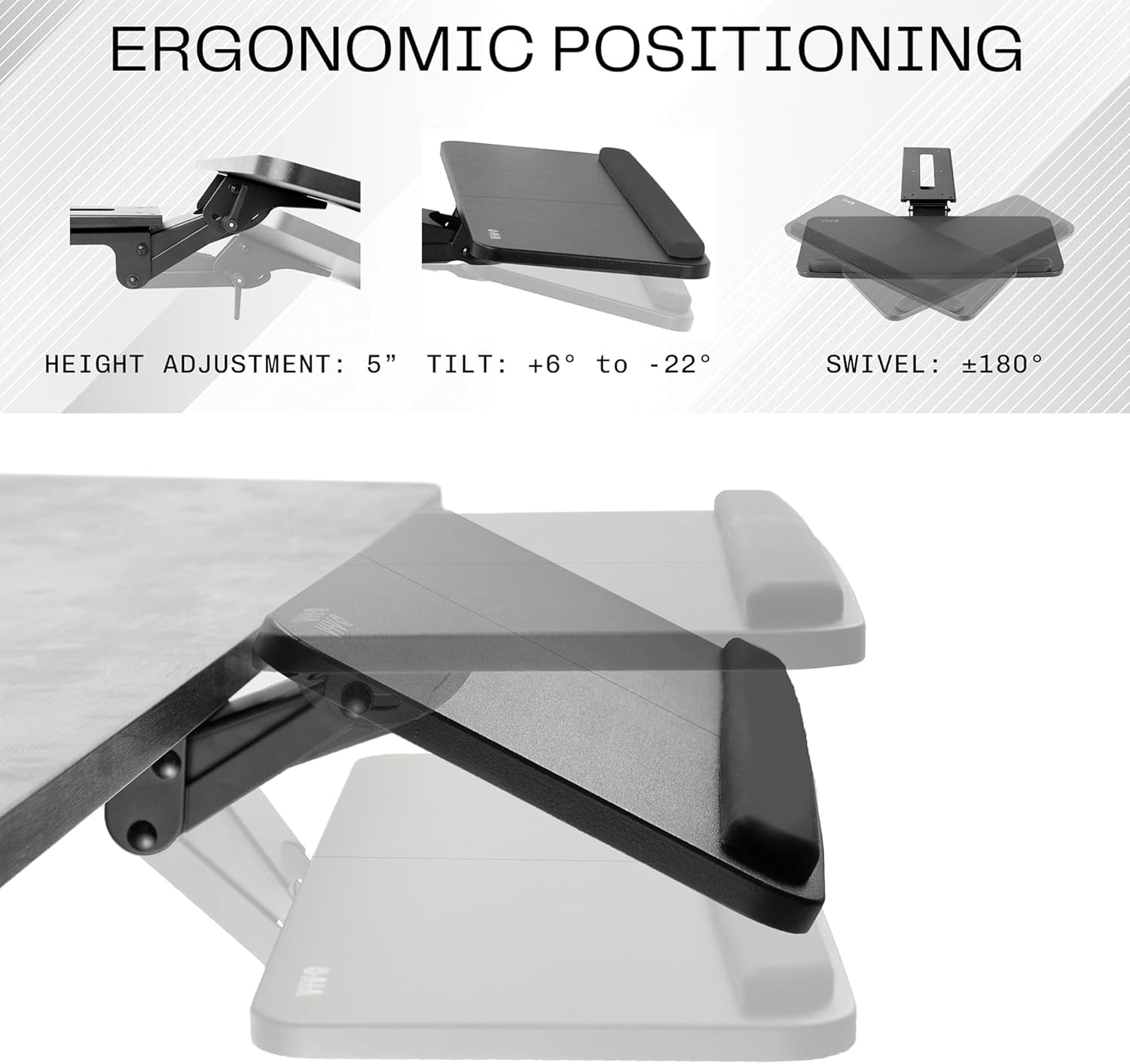 Adjustable Under Desk Keyboard and Mouse Tray - Ergonomic Slide-Out Drawer with 5-Inch Height Adjustment for Office Workstations - Black