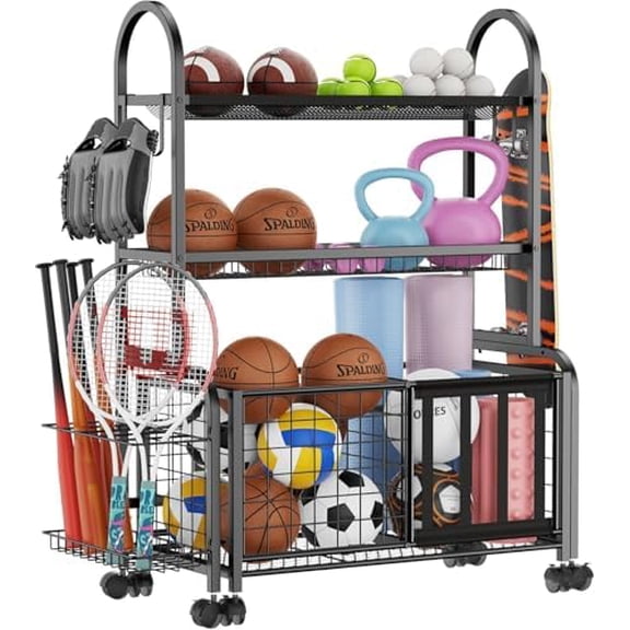 Garage Ball Storage, 2 in 1 Sports Equipment Organizer, Garage Organizer with Basket and Hooks, Individually Movable Rolling Sports Ball Organizer Cart, Black