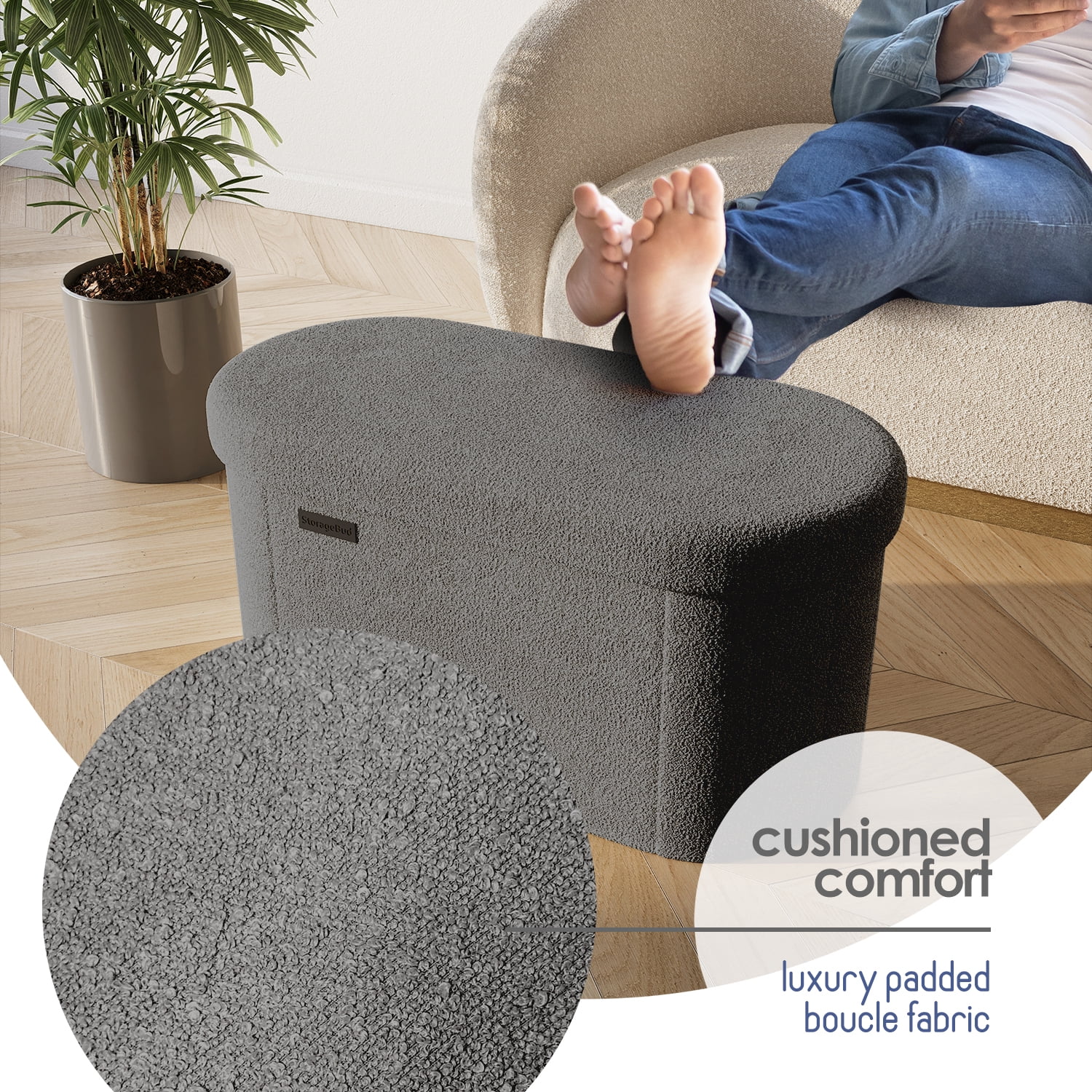 Hearth & Harbor Oval Storage Ottoman Bench, Boucle 30" Ottoman with Storage , Grey