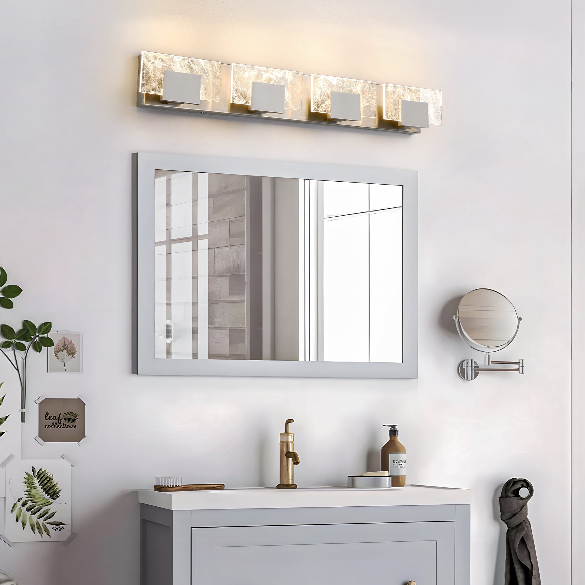 KAISITE 4-Light LED Modern Bathroom Lights over Mirror, Brushed Nickel Acrylic, Smoke Design, 3000K Wall Lights Fixture for Bedroom Living Room