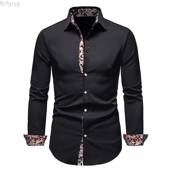 Bcfgryg Mens Long Sleeved Youth Fashion Casual Lapel Slim Fit Color Shirt Men Shirts Casual Black L