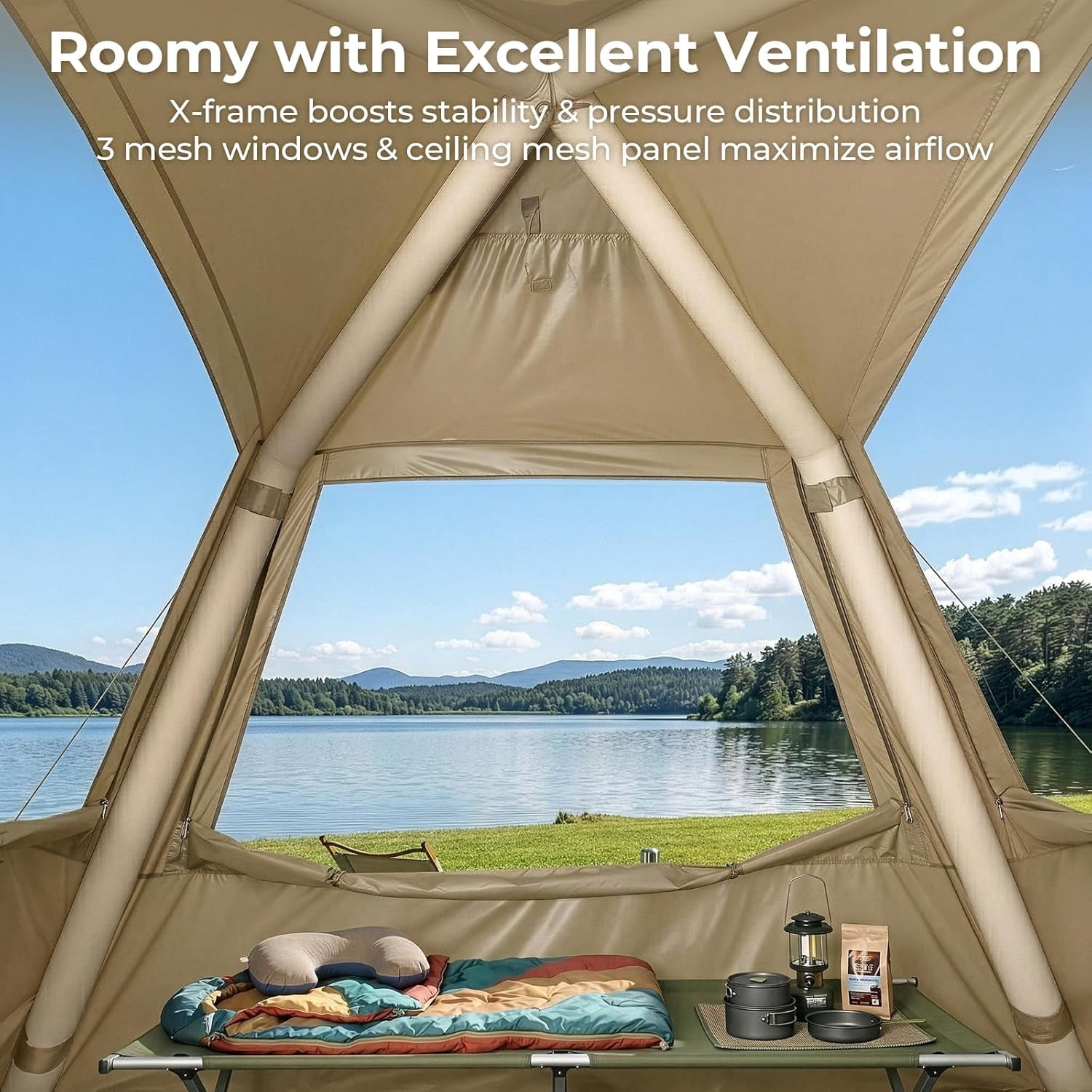 ZJTER Inflatable Camping Tent, All-Weather Inflatable Hot Tents with Stove Jack, Blow Up Tent for Camping with Mesh Doors & Windows, Inflatable Air Tents for Camping Adult