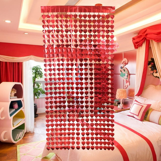 OUSITAID Rideaux à Franges en Forme de Cœur Rouge - 3,3 Pi x 6,6 Pi pour Décorations de Fête de la Saint-Valentin - Toile de Fond Rouge pour Décorations de Saint-Valentin Anniversaire Mariage Baby Shower