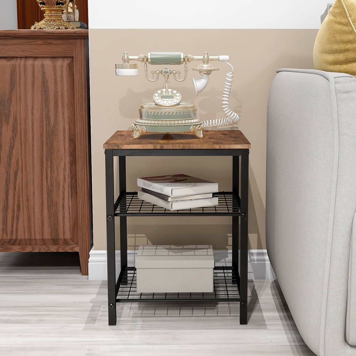 3 Tier End Table with Wheels, Side Table Nightstand Storage Shelf for