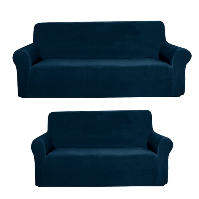 Golden Linens 2 pcs suede Velvet Fabric Slipcover Set for Sofa & Loveseat Stretch ((4 Way)) to Fit /Slipcovers Set, Furniture Protector Cover Set, Wrinkle Free# JOLAN Blue