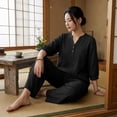 thumbnail image 4 of CIENVNSTG Linen Sets For Women 2 Piece Casual Vneck Embroidered 3/4 Sleeve Tops Wide Leg Linen Pants Set Mature Women Clothing Black L, 4 of 8