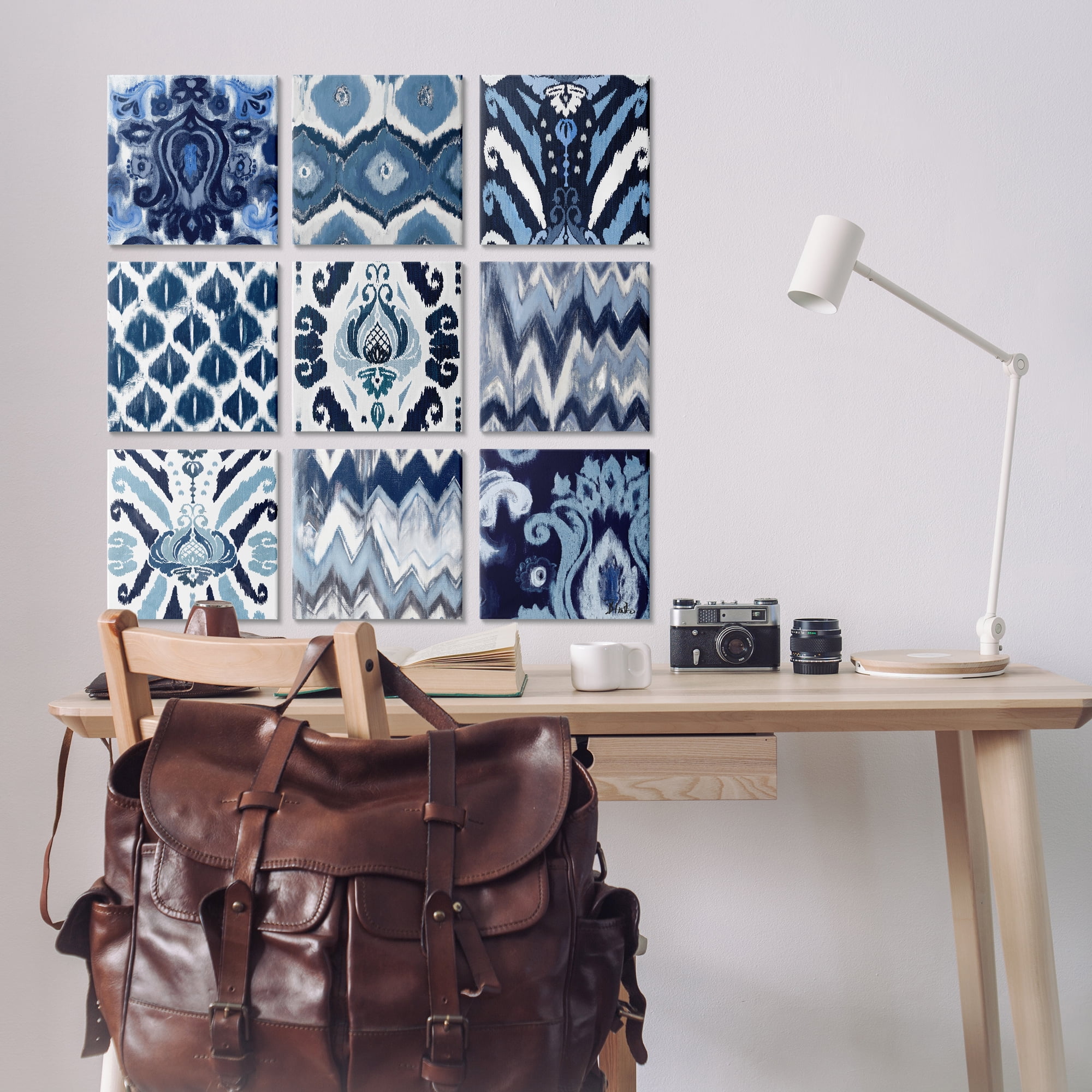 Stupell Industries Blue Boho Patterns Abstract Painting Wrapped Canvas Art Print Wall Art, 12 x 12, Set of 9