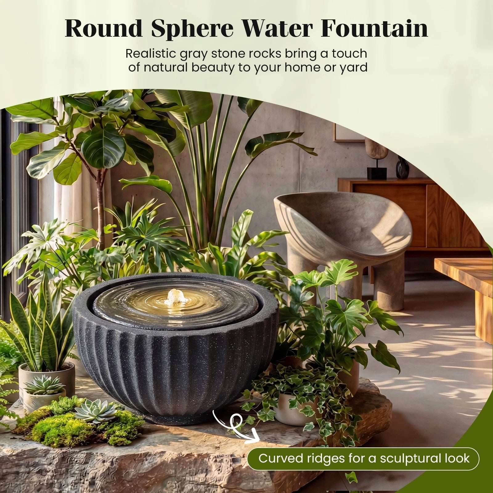 DRAZUNO 18” Outdoor Round Sphere Water Fountain w/LED Lights & Pump for Garden Patio