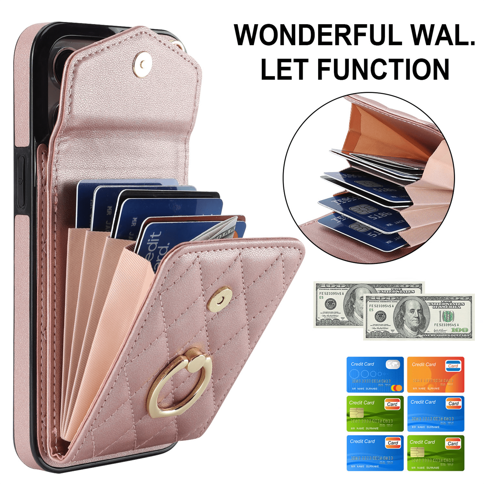 Asuwish Wallet RFID Blocking PU Leather Cell Phone Case with Tempered Glass Screen Protector, Wrist Strap for iPhone 15 Pro Max, Rose Gold