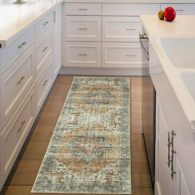Twister.CK Machine Washable Runner Rug 2' x 6', Non Slip Backing Low Pile Rugs Boho Vintage Foldable Stain Resistant Indoor Carpet for Bedroom Living Room Playroom, Brown