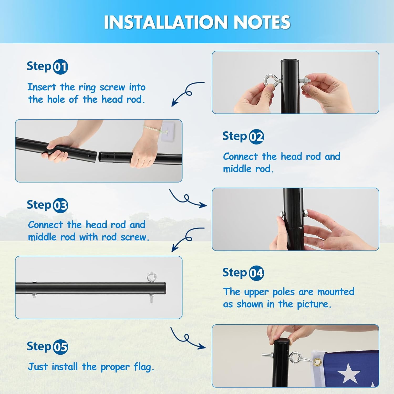 Yeyebest 10 Ft  Ground Mount Black Alloy Iron Sectional Garden Flagpole with 3x5 Flag, 1 Piece