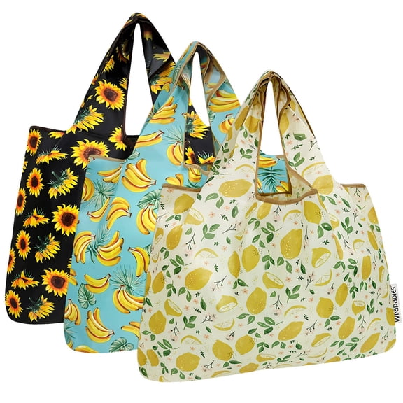 allydrew Large Foldable Tote Nylon Reusable Grocery Bags (Set of 3), Floral Fruit