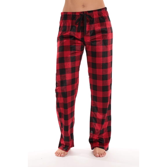 #followme Silky Fleece Buffalo Plaid Pajama Pants for Women (Red Buffalo Plaid, Large)