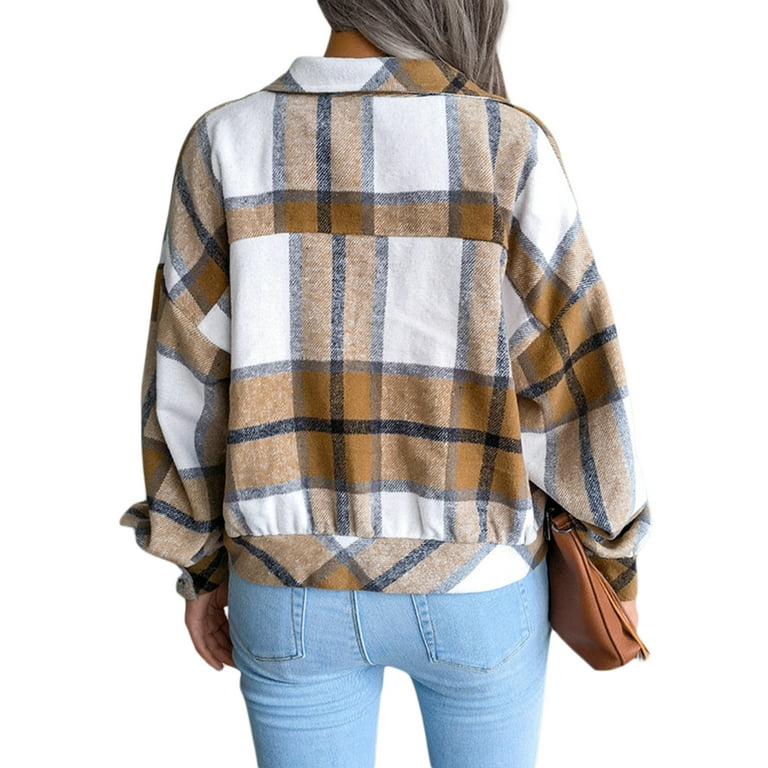 Women's Fashion Cropped Flannel Plaid Shacket Long Sleeve Button