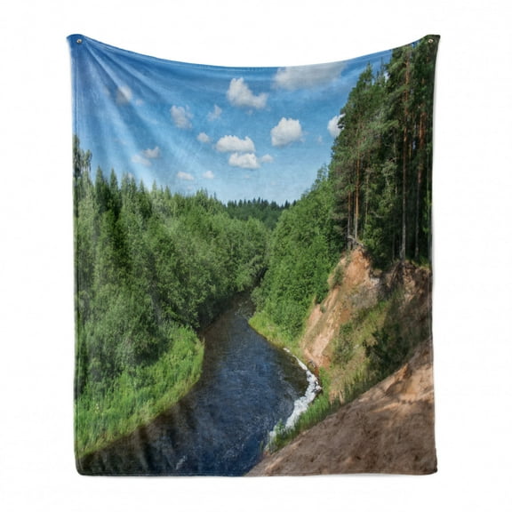 Landscape Soft Flannel Fleece Throw Blanket, High Sandy Bank of the Polomet River Russia, Cozy Plush for Indoor and Outdoor Use, 60" x 80", Fern Green Sky Blue, by Ambesonne