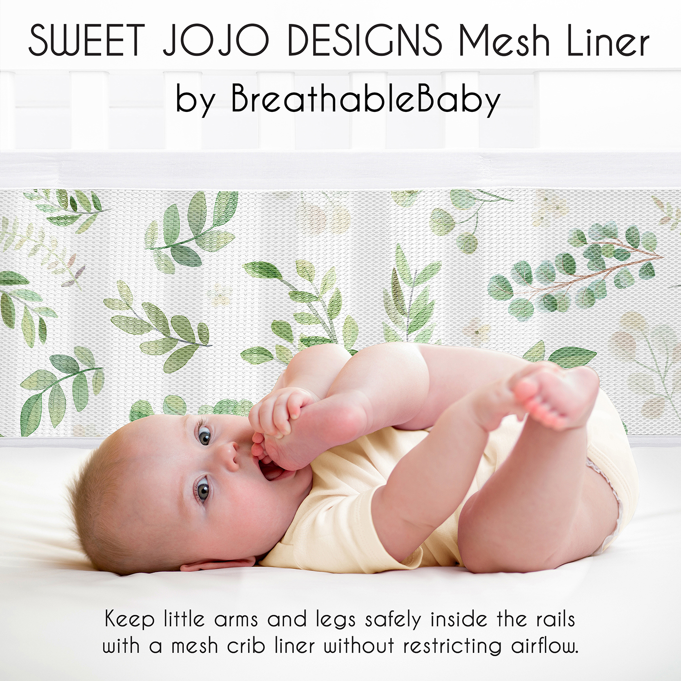 Sweet Jojo Designs + BreathableBaby Botanical Green and White Breathable Mesh Crib Liner Pad