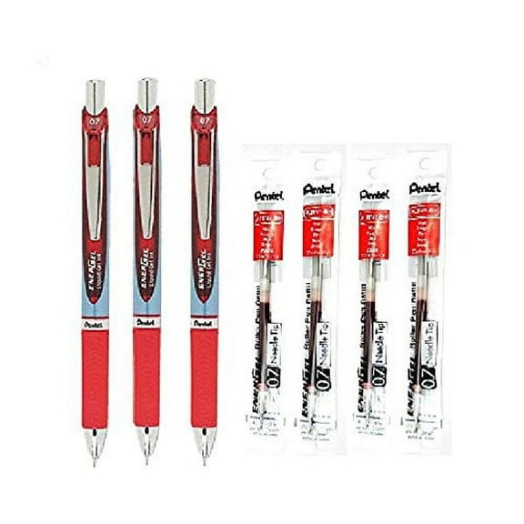 Pentel EnerGel Deluxe RTX Retractable Liquid Gel Pen, Medium Line, Needle Tip, Red Ink w/ 4 Pk Pentel LRN7-B EnerGel Refills, 0.7 mm Medium Needle Tip, Red by Pentel