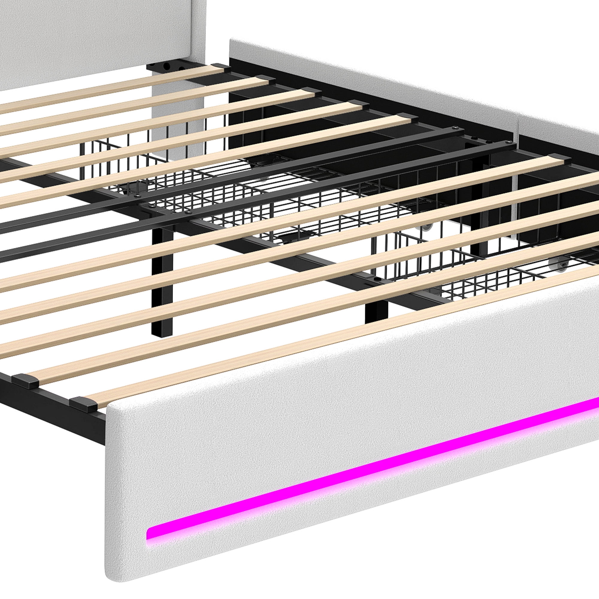 Uforic King Size Bed Frame with Power Outlets & LED Lights, Upholstered Storage Bed Frame with Drawers & Headboard, White