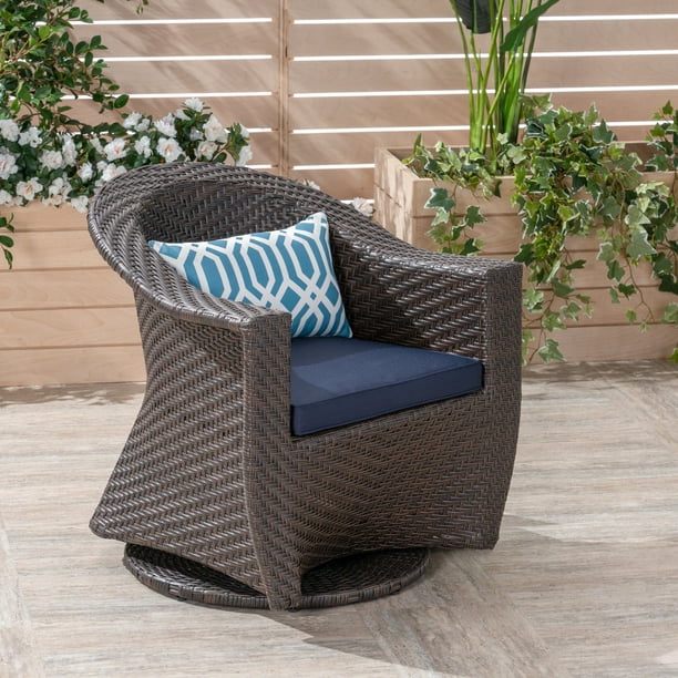 Saylor Outdoor Wicker Swivel Chair, Multi Brown, Navy