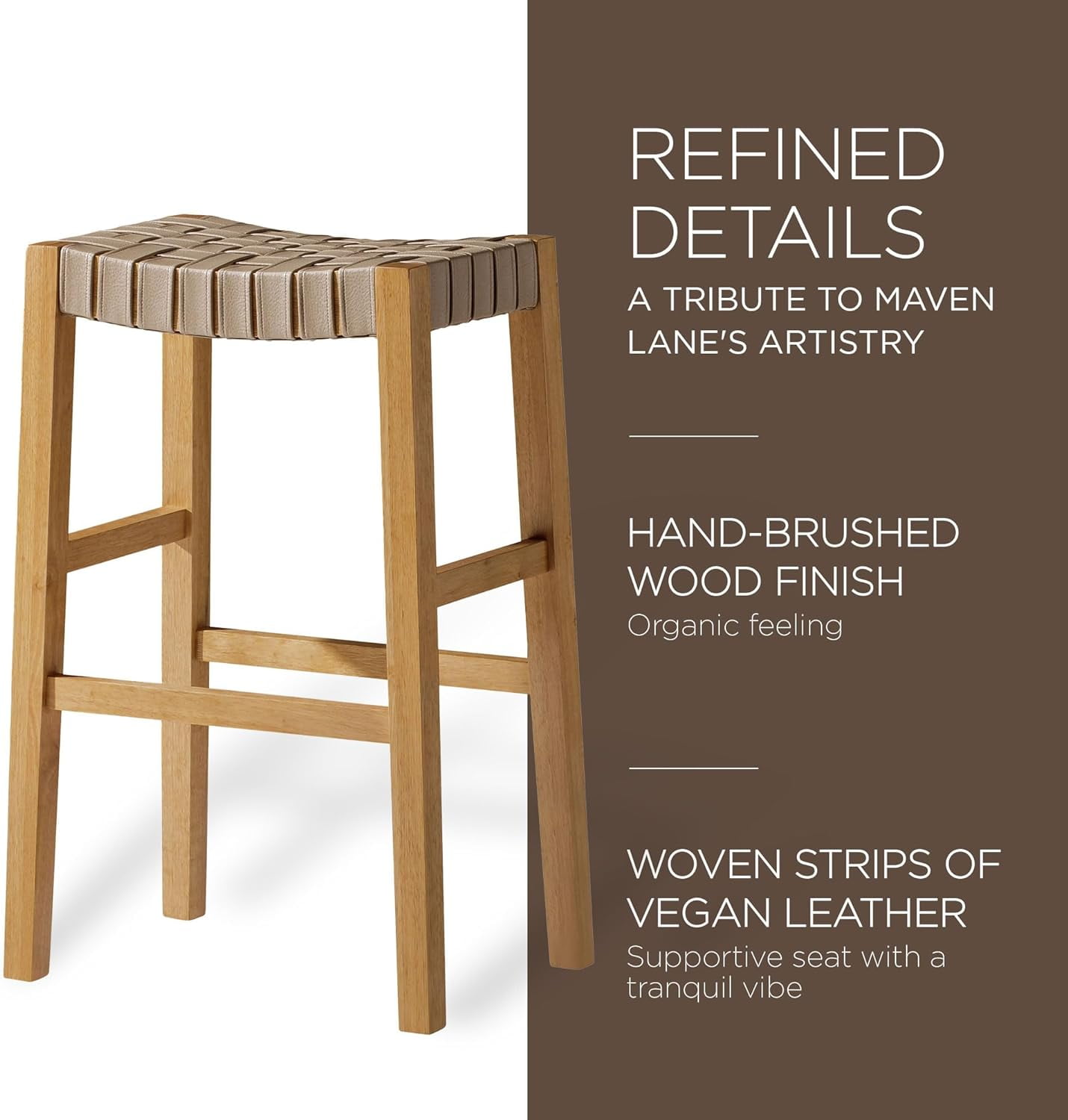 Maven Lane Emerson Bar Stool in Weathered Natural Wood Finish with Avanti Bone Vegan Leather