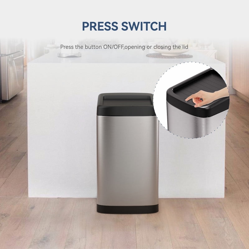 AUKTOPT 13 Gallon Motion Sensor Trash Can, Stainless Steel Automatic Garbage Bin with Sliding Row Up Lid, Touchless Hands-Free Soft-Close, Silver