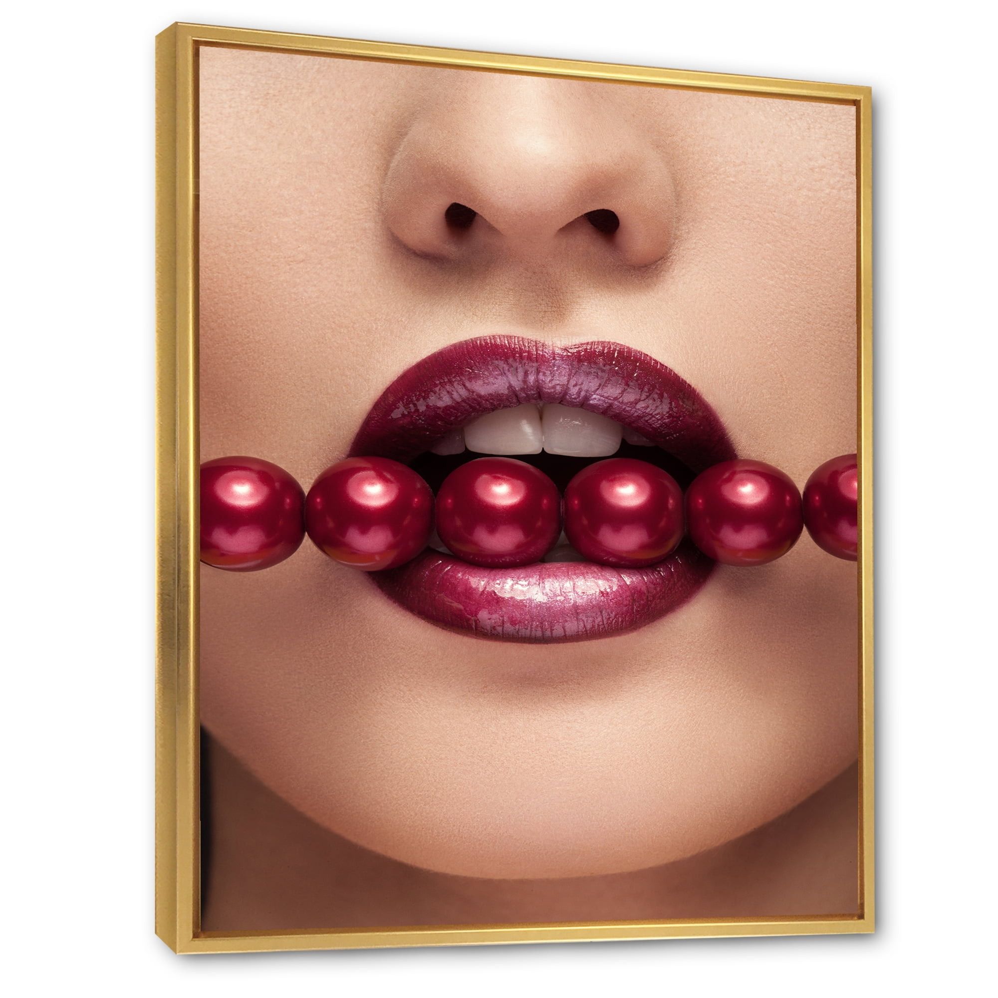 Designart 'Girl With Red Pearls In Mouth In A Sensual Pose' Modern Framed Canvas Wall Art Print