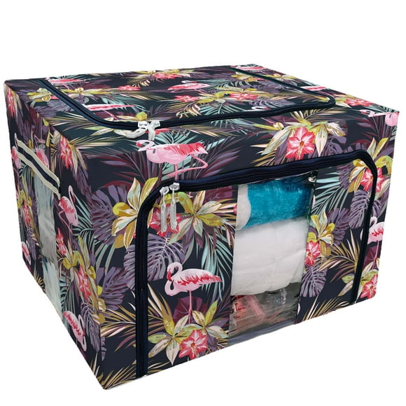 EREHome Tropical summer flamingo birds exotic plants Storage Bag Clear Window Storage Bins Boxes Large Capacity Foldable Stackable Organizer With Steel Metal Frame For Bedding,Clothes,Closets, Bedrooms