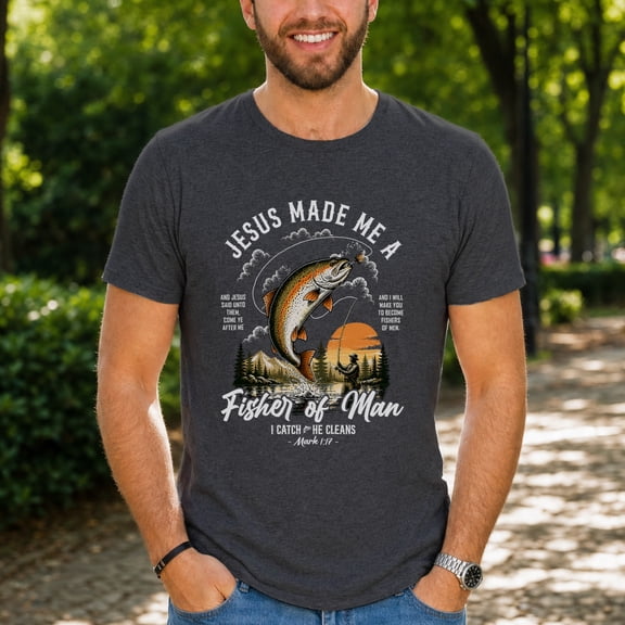 Jollimate Jesus Made Me A Fisher of Man Shirt, Christian Men Fishing Graphic Tee, Cool Retro Scripture Men's T-Shirt