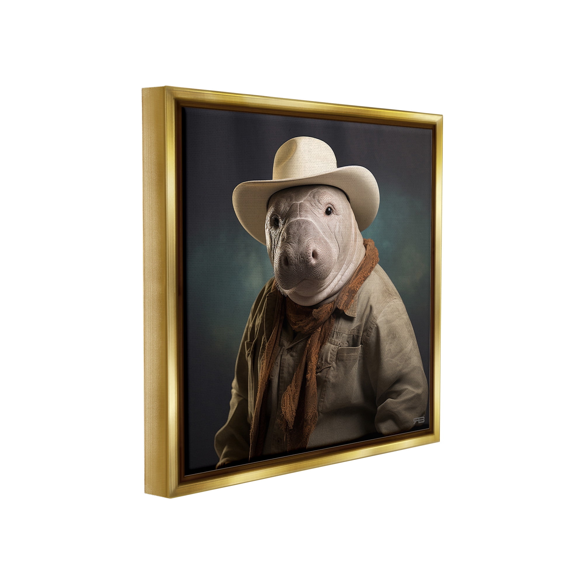 Stupell Industries Southern Cowboy Manatee Animals & Insects Painting Gold Floater Framed Canvas Art Print Wall Art, 25 x 25