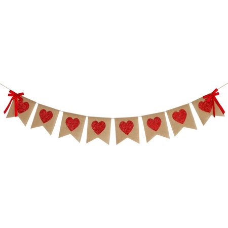 Burlap Heart Banner Garland | Red Glitter Heart | Valentine s Day Decorations| Rustic Valentines Decor | Valentines Burlap Banner | Wedding Anniversary Birthday Party Decorations Supplies