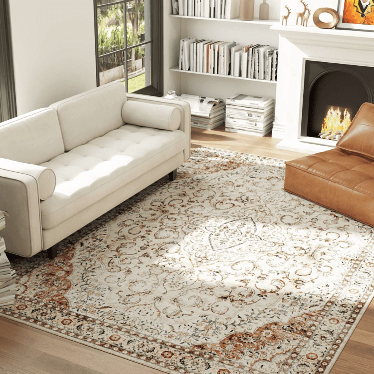 Symmetrical Floral Pattern Area Rug 83.9"x59.8" Flannel Soft Non-Slip TPR Backing Machine Washable Rug for Living Room Bedroom