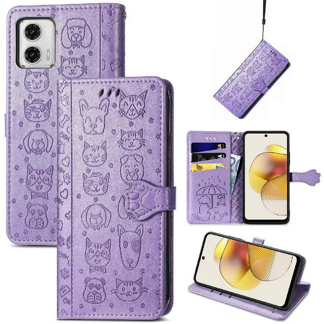 Funda Cartera FOXDOCK para MOTO G73 , Flip PU con Relieve de Gatos y Perros, Tarjetero y Soporte