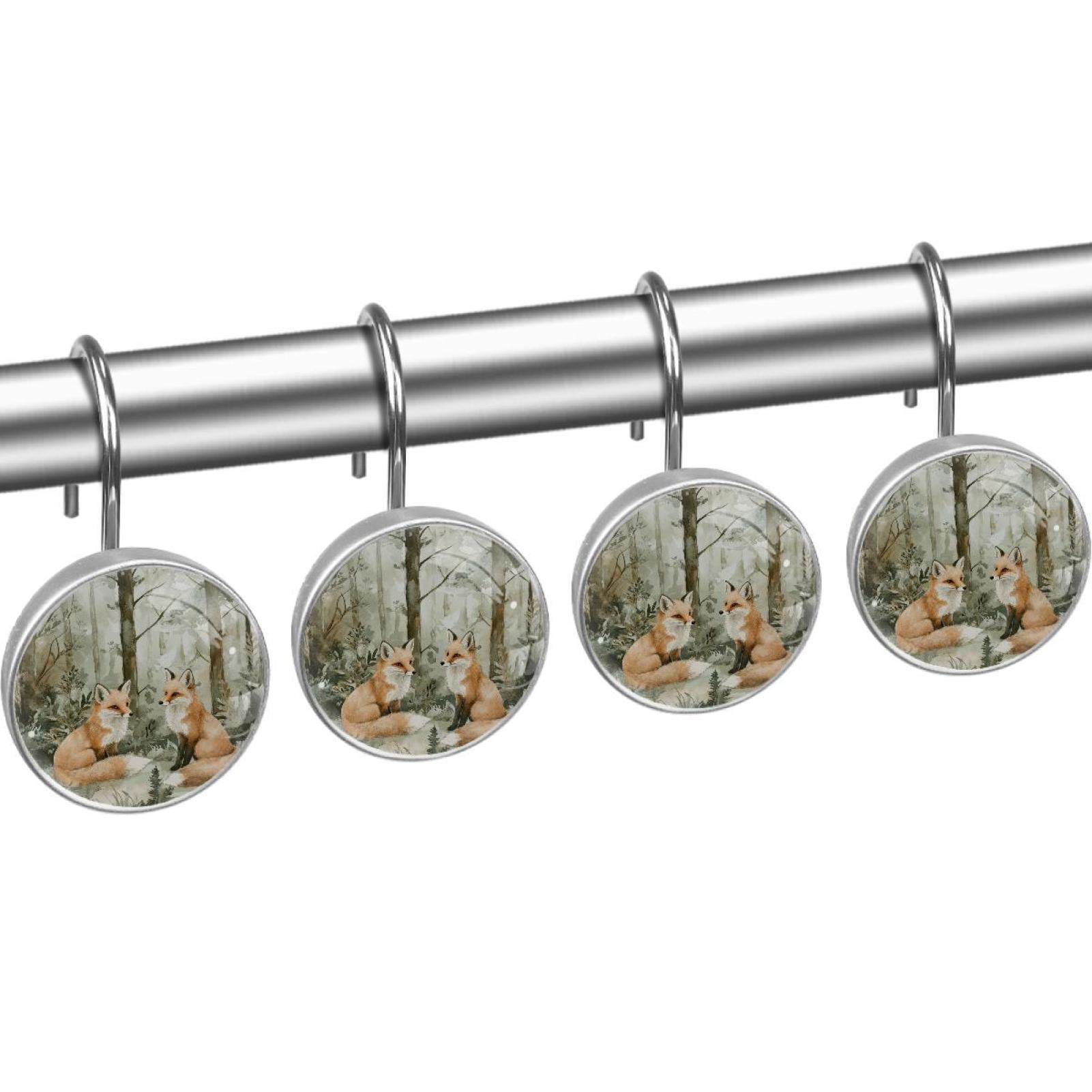 Foxes on Tree Forest Shower Curtain Hooks Round Crystal Glass, Set of 12 Shower Curtain Rings - Shower Hooks for Curtain Shower Rings