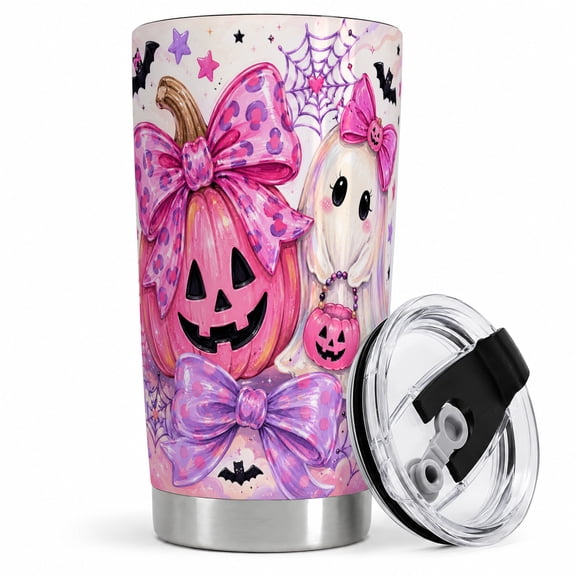 Pink Bow Pumpkin Tumbler, 20oz Insulated Drinkware for Halloween Fans Stainless steel insulated tumbler with lid, pink pumpkin and ghost artwork for water, iced coffee, tea, or commute