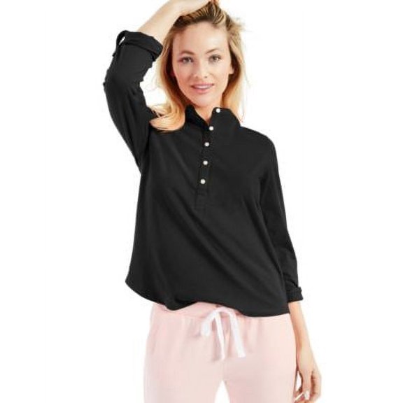 MSRP $45 Style & Co Cotton Cuffed-Sleeve Henley Top Black Size XS