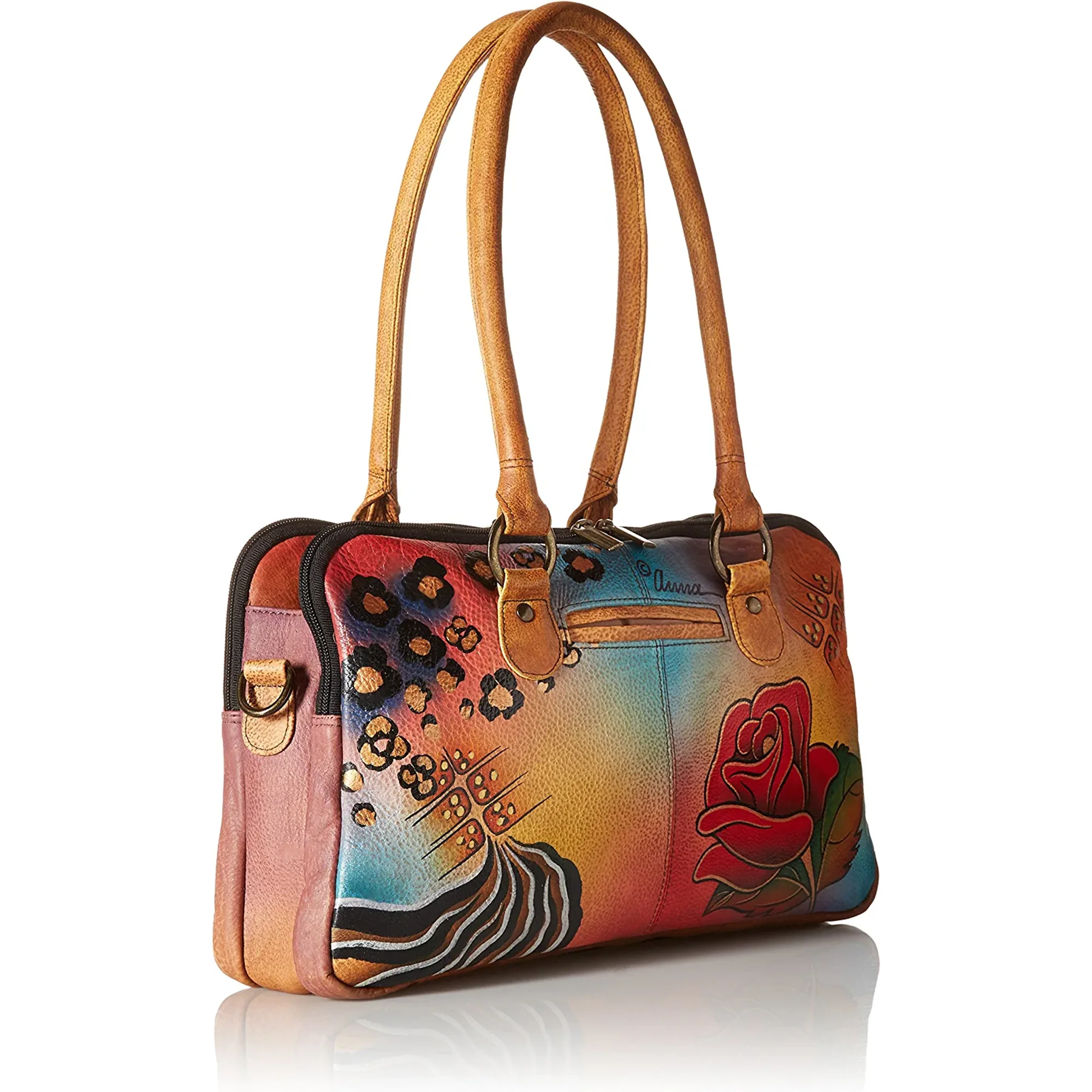 Anna by Anuschka Women s Hand Painted Genuine Leather Multi Compartment Satchel Handbag with Top Zip Entry Two Compartments Mulitple Pockets Double Rope Handle and Removable Strap Walmart