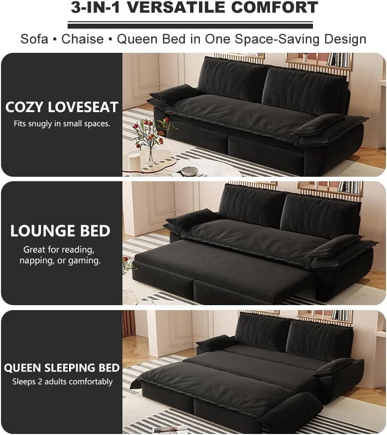 73.2" Futon Sofa Bed Queen Size, Pull Out Bed, 3-in-1 Convertible Sleeper Sofa with 2 Soft Pillows, Modern Velvet Futon Couch for Living Room, Small Space, Apartment, Bedroom, Black