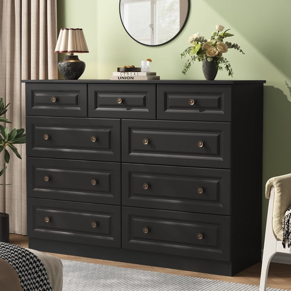 IDEALSOUL Black Dresser for Bedroom, 9 Drawer Dresser with Large Storage, Retro Storage Cabinet for Bedroom, Living Room, Kitchen