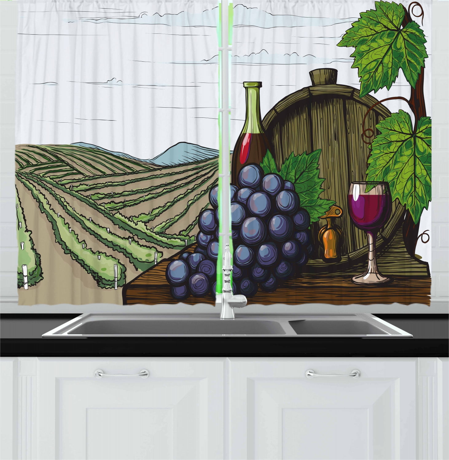 Wine Curtains 2 Panels Set, Landscape with Views of Vineyards Grapes