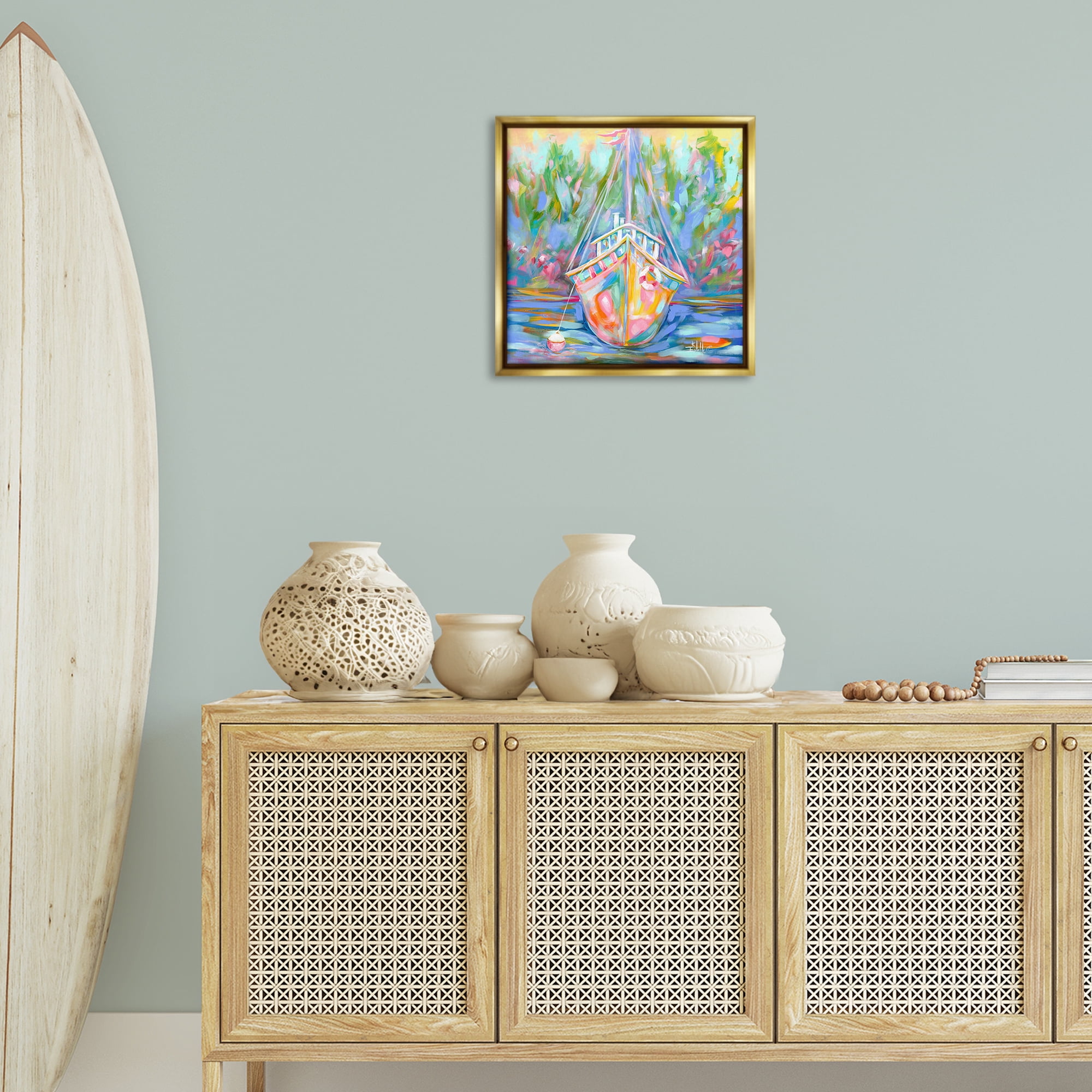 Stupell Industries Boat In Waiting Transportation Painting Gold Floater Framed Canvas Art Print Wall Art, 18 x 18