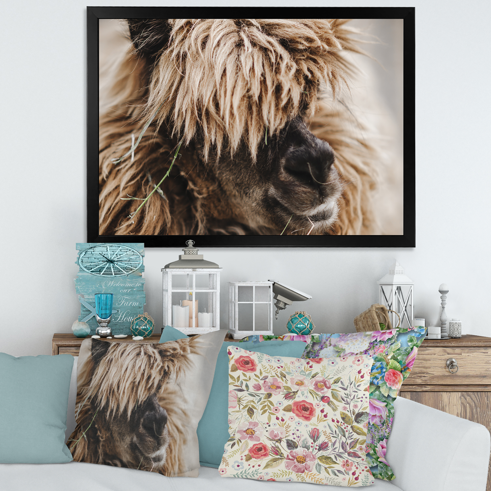 Designart 'Close Up Of Fluffy Curly Alpaca' Farmhouse Framed Art Print