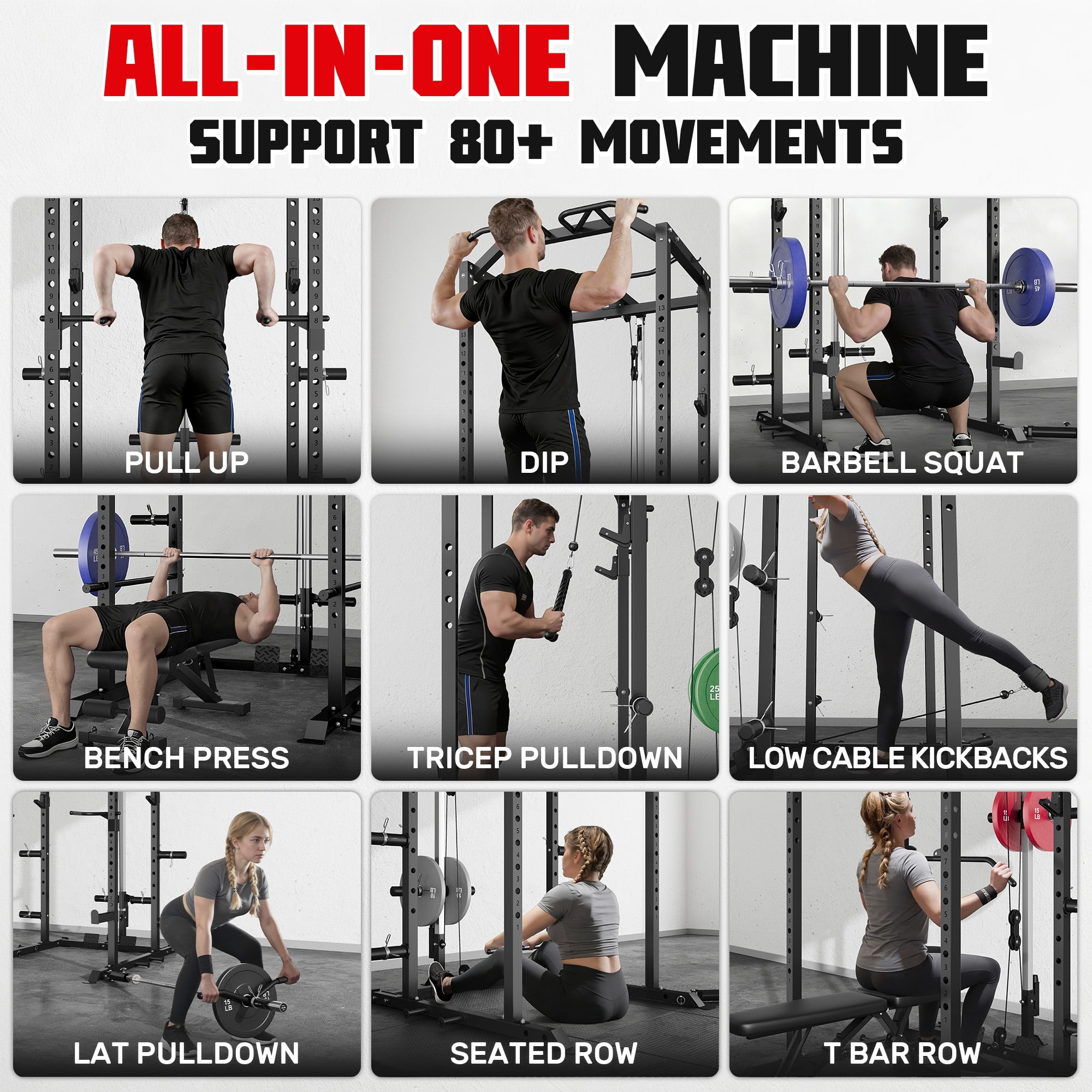 Power Cage, 2000LBS Squat Rack with LAT Pulldown, Multi-Function Weight Cage Strength Training Machine, Workout Cage with More Attachments for Home Gym Garage