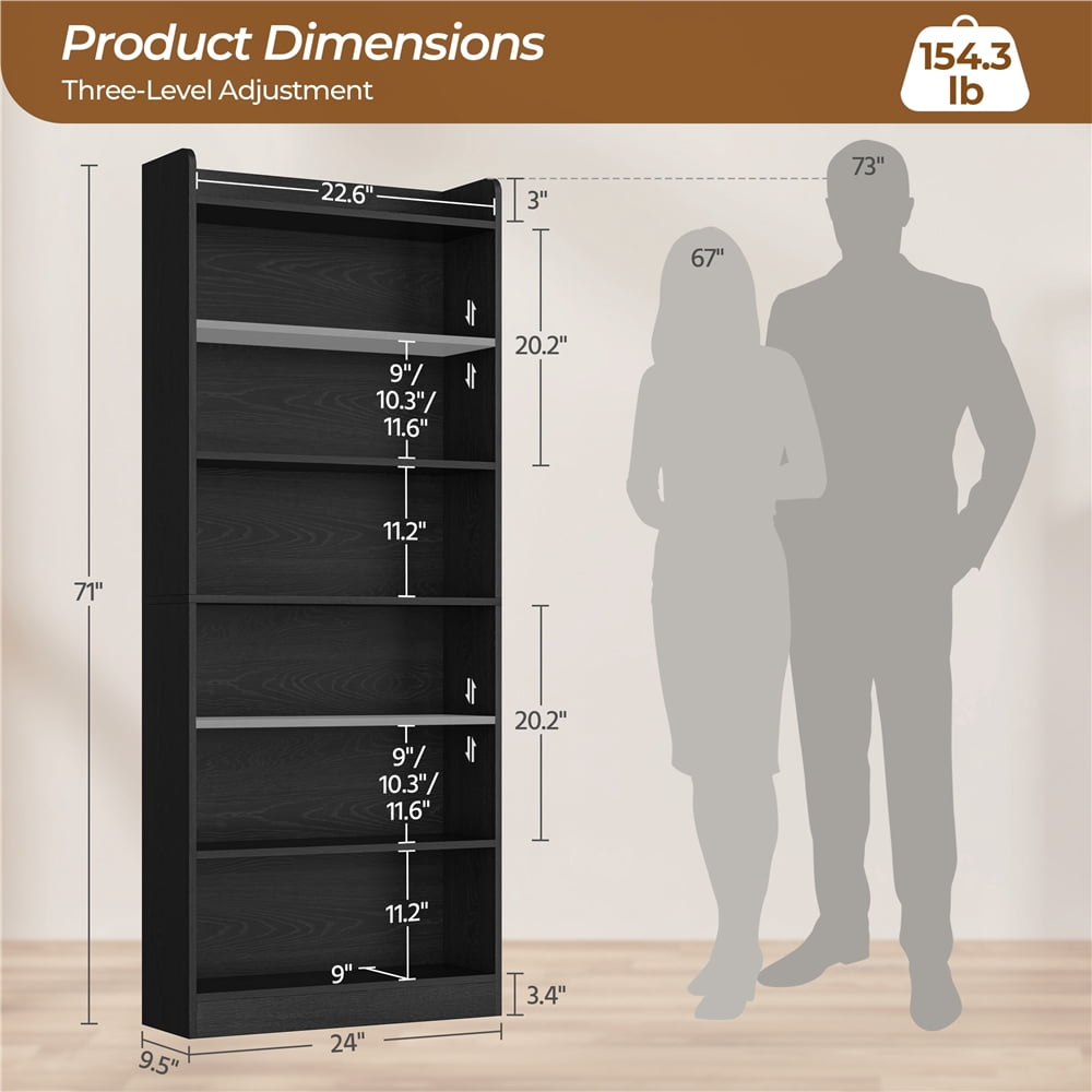 Yaheetech 7-Tier Wooden Bookshelf with Adjustable Open Shelves, Black