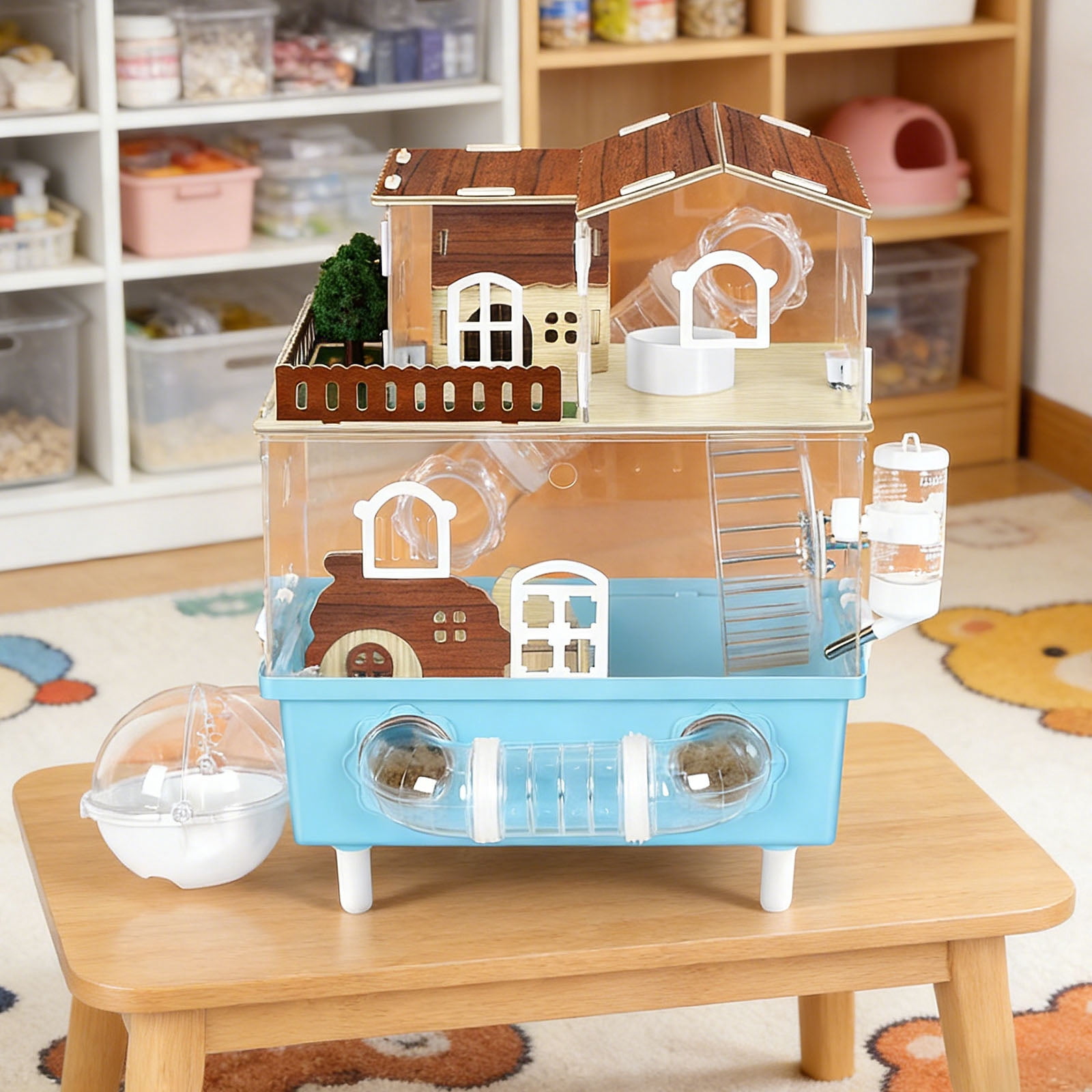 2-Tier Acrylic Hamster Cage Starter Kit, Small Animal Habitat with Hidden Houses, Tunnels, Silent Wheel, Water Bottle & Bath Area, 360° Transparent, Easy Clean