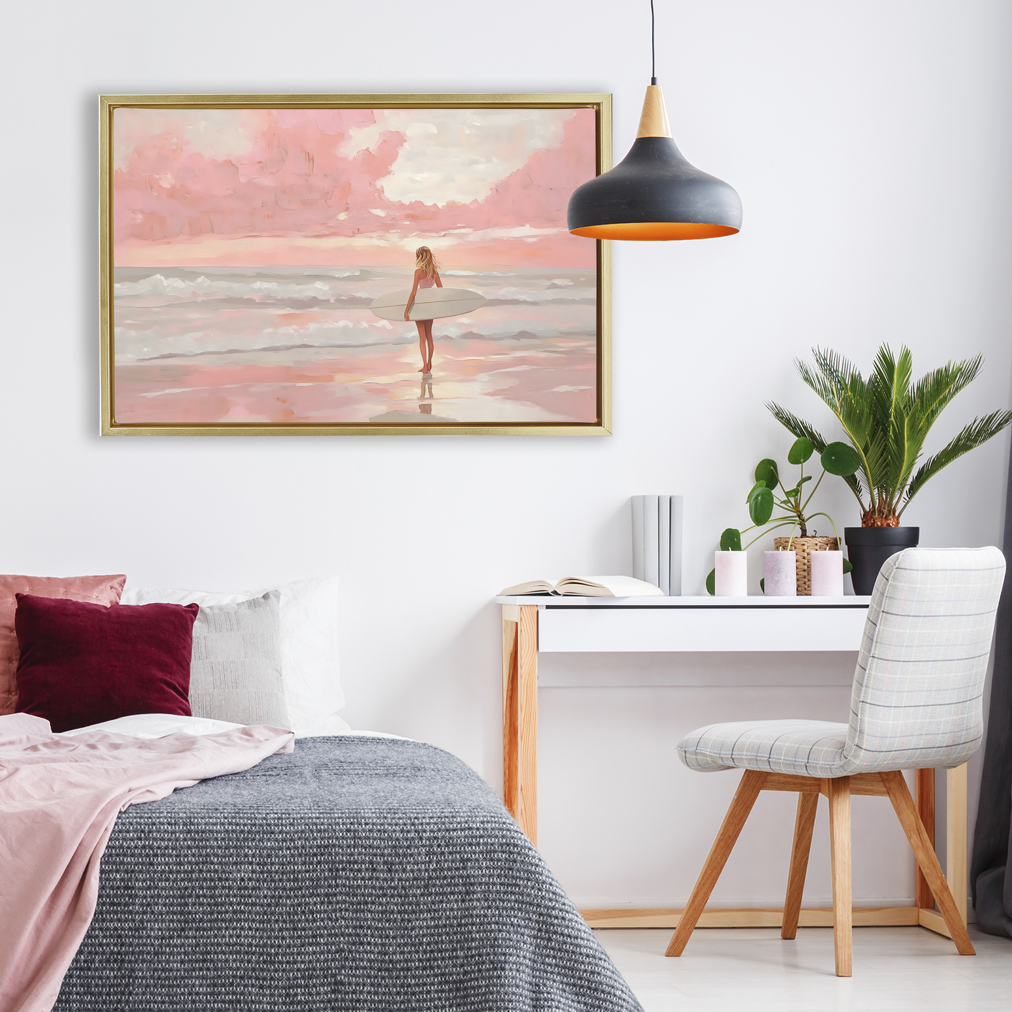 Pink Sky Surfer Gold Framed Floater Canvas Wall Art, design by LSR Design Studio