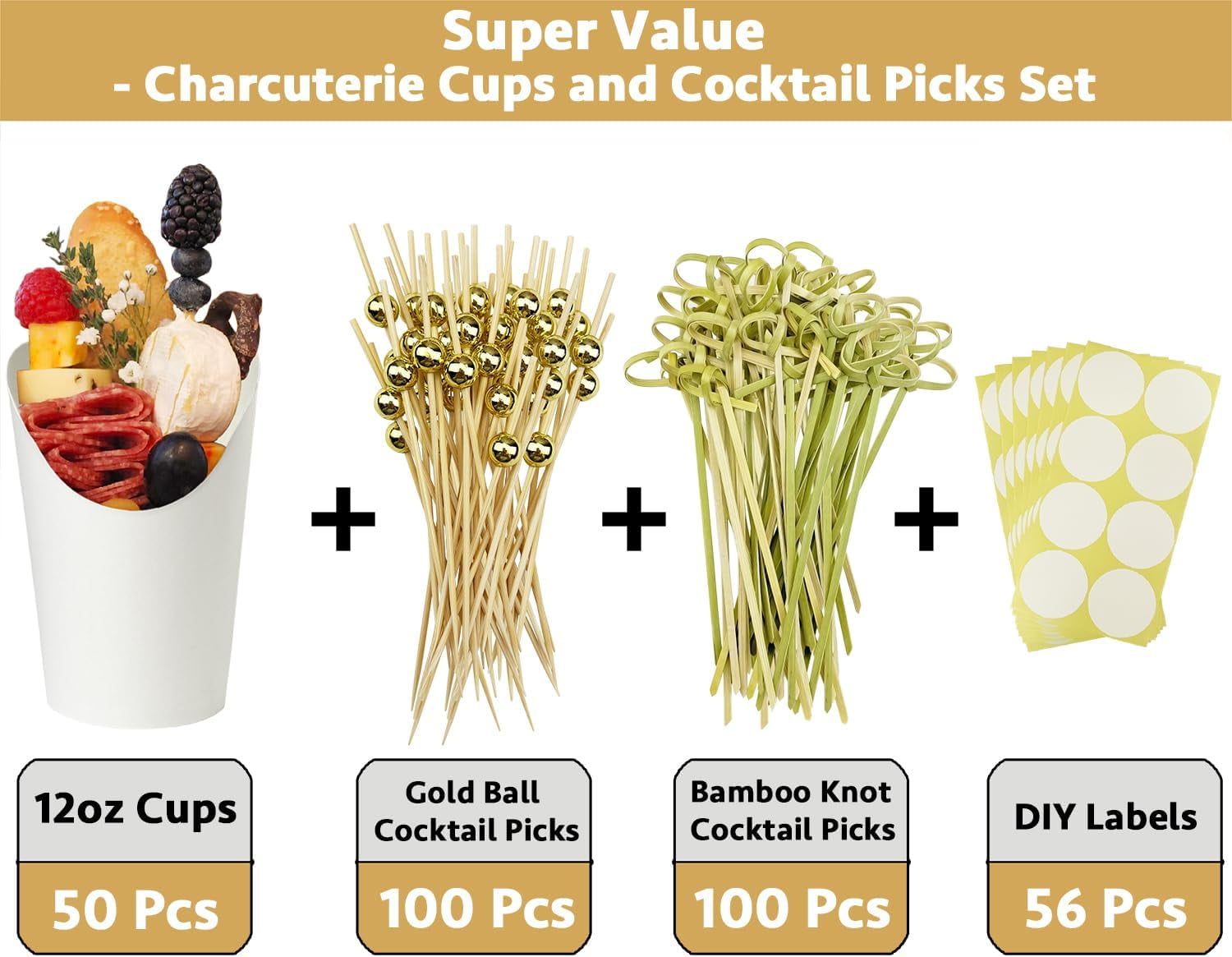 50 Charcuterie Cups + 200 Cocktail Picks + 56 Labels, 12 oz Disposable Charcuterie Cups with Sticks (2 Types), French Fry Cup White Paper Appetizer Cup for all Occasions（White）