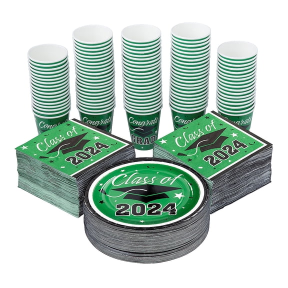 Fun Express Bulk 400 Piece Class of 2024 Green Disposable Tableware Kits for 100 Guests