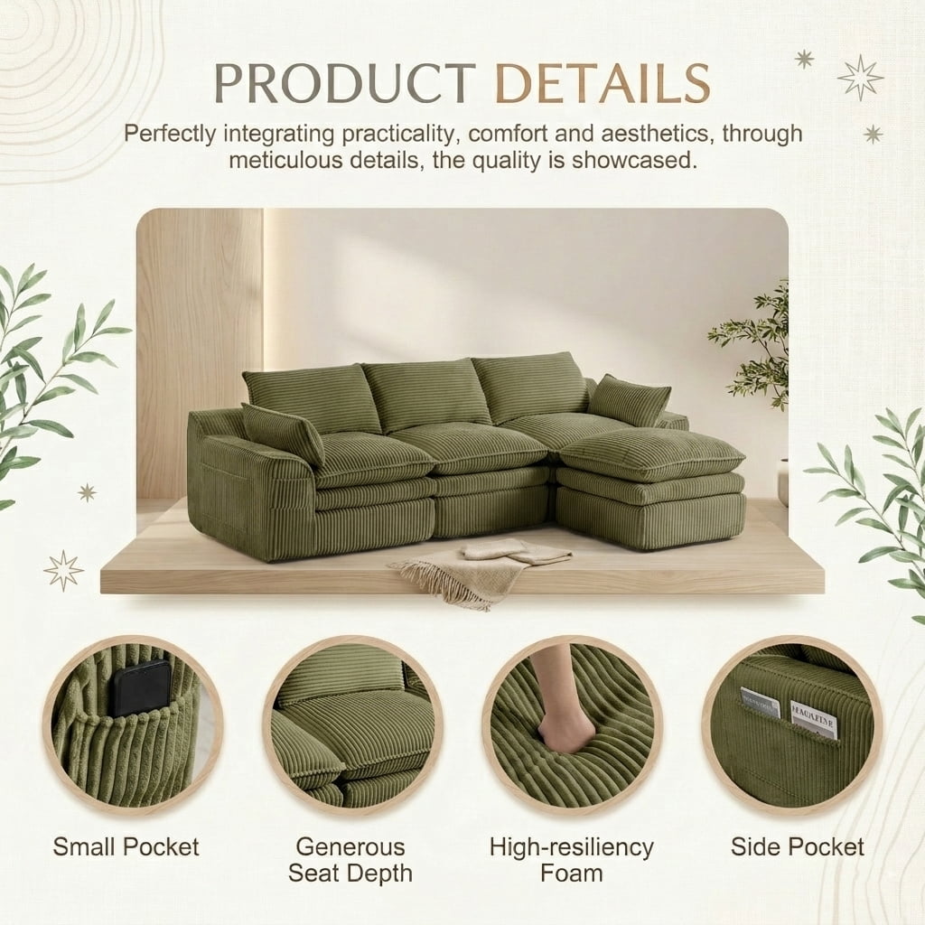 104" Modern Modular L-Shaped Sectional Cloud Sofa, Compressed Corduroy Floor Couch with Movable Ottoman
