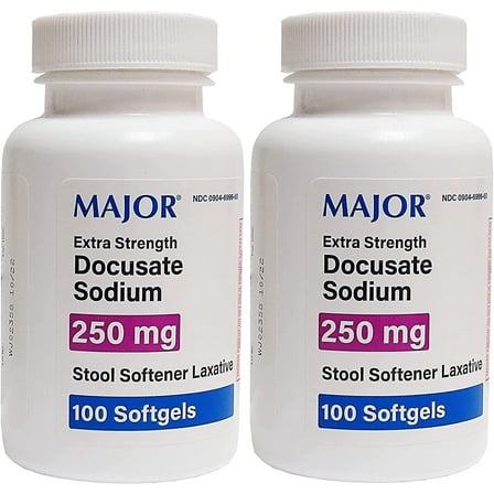 Major Docusate Sodium 250mg | Stool Softener Laxative | 100 Softgels | 2PK
